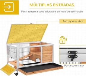Coelheira de Madeira Gaiola de para Pequenos Animais Portátil com Teto Abatível Rampa Bandeja Amovível 90x53x59cm Madeira