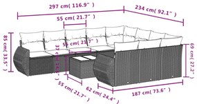 11 pcs conjunto sofás de jardim c/ almofadões vime PE cinzento