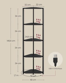 Estante de canto com 5 prateleiras 24,8 x 48 x 146,6 cm, estante para livros com iluminação LED ajustável Preta