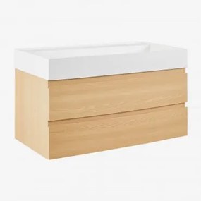 Conjunto De Móvel De Casa De Banho Suspenso Em Madeira E Folha De Freixo Com Lavatório Integrado Ona Madeira Natural & Sem Espelho & Sem - Sklum