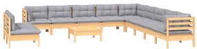 12pcs conjunto lounge de jardim + almofadões cinza pinho maciço