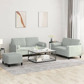 3 pcs conjunto de sofás com almofadas veludo cinzento-claro