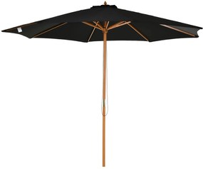 Chapéu de Sol de Jardim Ø300x250cm com Sistema de Polia Teto Ventilado e Mastro Desmontável de Madeira para Terraço Pátio Exterior Preto