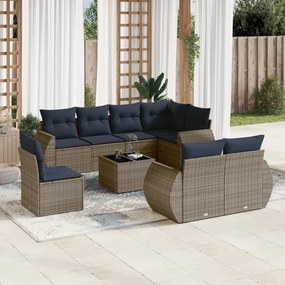 vidaXL 9 pcs conjunto sofás p/ jardim c/ almofadões vime PE cinzento