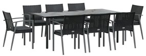 9 pcs conjunto de jantar p/ jardim com almofadões vime PE e aço