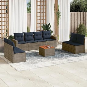9 pcs conjunto sofás p/ jardim c/ almofadões vime PE cinzento