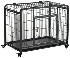 PawHut Gaiola de metal dobrável para cães com rodas e freios Bandeja removível e porta com travas  109,5x71x78 cm Cinza escuro