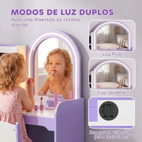Penteadeira de Maquilhagem para Menina com Espelho LED de 2 Cores, Banco, Suportes para Joias, Gaveta e Compartimentos, Roxo