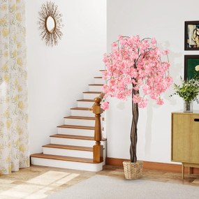 Árvore de Cerejeira Artificial de 163 cm com flores em tons degradés e tronco de madeira, vaso de cimento para interior Rosa
