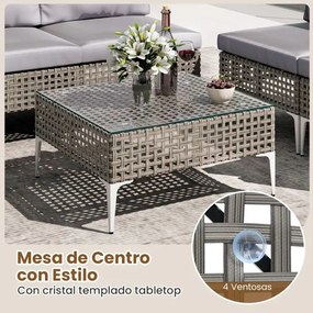 Conjunto de jardim de 5 peças em rattan com mesa de centro em vidro temperado Almofadas para assento e encosto cinza