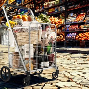 Carrinho de compras dobrável 126L grande e portátil com rodas universais e 2 cestos, bolsa impermeável removível, carga 150 kg Prateado