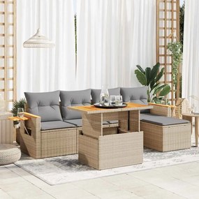 6 pcs conjunto sofás jardim com almofadões vime PE/acácia bege