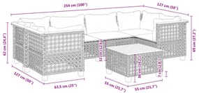 7 pcs conjunto sofás p/ jardim c/ almofadões vime PE cinzento