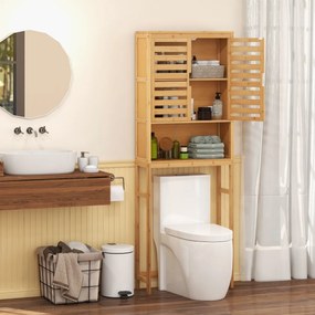 Estante de casa de banho alta em bambu com 2 portas e prateleiras 62 x 23 x 170 cm Natural