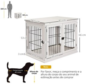 Gaiola para Cães Grande de Madeira com Superfície de Mesa 2 Portas e Grades de Metal 58,5x81x66cm Branco