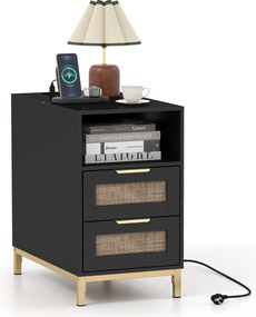 Mesa de cabeceira, Mesa apoio 60 x 35 x 61 cm em rattan com estação de carregamento e 2 gavetas estilo boho preto e dourado