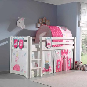 Conjunto Cama alta de Criança PINO 90 x 200 cm + estrado + escada + cortina + 3 bolsas + túnel Princesa Branca