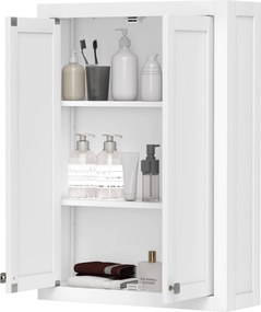 Armário de parede para casa de banho 61 x 20 x 84 cm com 3 níveis, móvel suspenso de arrumação com 2 portas e prateleira ajustável, branco