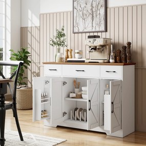 Aparador de Cozinha Rústico 4 Prateleiras de Porta Prateleiras Ajustáveis 3 Gavetas 120x38x87 cm Branco e Cor Nogueira