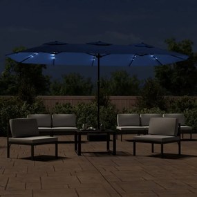 Guarda-sol com cabeça dupla e luzes LED 449x245 cm azul-ciano