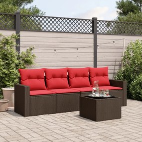 vidaXL 5 pcs conjunto sofás p/ jardim c/ almofadões vime PE castanho