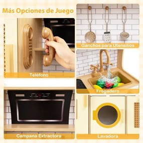 Cozinha de brinquedo para crianças com luzes e sons realistas, frigorífico, dispensador de água, máquina de lavar roupa e acessórios de cozinha amarel
