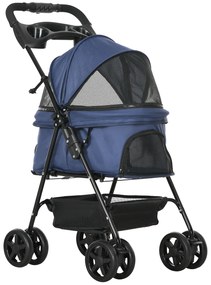 PawHut Carrinho Cães Dobrável Rodas Cesta Armazenamento Correias Segurança Janelas Confortável 67x45x96 cm Azul Escuro | Aosom Portugal