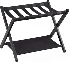 Porta-bagagens dobrável de dois níveis em madeira de borracha 67 x 46 x 52 cm, com prateleiras de nylon e Estrutura em X, para quartos de hotel, preto