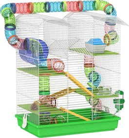 PawHut Gaiola para Hamster de 5 Níveis 47x30x59 cm com Túneis Tigela Bebedouro Casinha Roda de Exercício Rampas Verde | Aosom Portugal