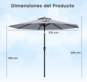 Guarda-sol jardim de 270 cm com 8 varas robustas, toldo ventilado resistente com inclinação por botão Cinzento