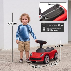 Carro sem Pedais para Crianças 18-36 Meses com Licença Porsche, 2 Faróis, Buzina e Som de Arranque, 63x28,5x38 cm, Vermelho