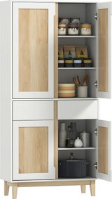 Armário alto de cozinha, armário de cozinha com 4 portas, 2 gavetas e prateleiras ajustáveis, 80 x 35 x 170 cm, branco e carvalho