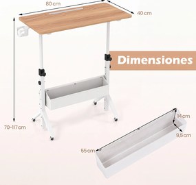 Secretária Elevatória Móvel, 80 x 40 x 70-117 cm, Rodas com Travão, Natural