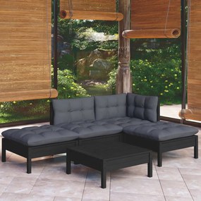 5 pcs conjunto lounge de jardim c/ almofadões pinho preto
