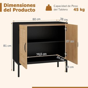 Aparador 80 x 38 x 81 cm com 2 portas em rattan natural, prateleira ajustável em 3 posições, pés metálicos preto.