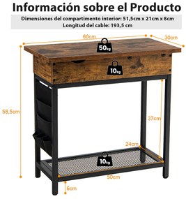 Mesa Lateral com Estação de Carregamento USB e 2 Tomadas Prateleira com Compartimento Flip Top Estreita para Sala de Estar Quarto 60 x 30 x 58,5 cm Ca