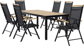 Conjunto de jardim para 6 pessoas, estrutura em alumínio, mesa de 190 cm, 6 cadeiras dobráveis e reclináveis, preto