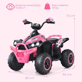 Moto 4 Elétrica para Crianças a Bateria 12V com Velocidade Ajustável Luzes LED Música 3-8 Anos 94 x 60 x 73 cm Rosa