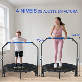 Trampolim Fitness Ø122 Trampolim Dobrável com Pega Ajustável em 4 Níveis Estrutura de Aço Azul e Preto