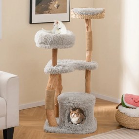 Arranhador Gatos de 124 cm de altura feito de madeira com caverna para gatos, superfície de assento em pelúcia cinzento