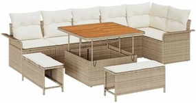 Conjunto de Sofás de Jardim 9 Peças com Almofadas Bege em Rattan Polié