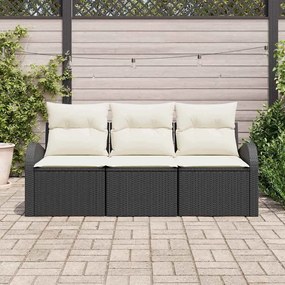 Conjunto de Sofá de Jardim 3 Peças com Almofadas Pretas de Rattan e Po