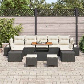 Sofá de Jardim em 10 Peças com Almofadas Polyrattan Preto e Acácia