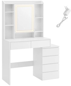 Penteadeira com iluminação LED VASAGLE com brilho ajustável, penteadeira com espelho, mesa de cosméticos com gavetas, compartimentos abertos, prateleiras ajustáveis, moderna, branca, RDT124W01