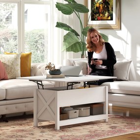 Mesa de Centro Elevatória e Extensível com Compartimentos Ocultos e Prateleira Aberta 100x90x64 cm Branco