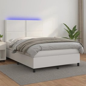 vidaXL Cama box spring c/colchão/LED 140x200cm couro artificial branco