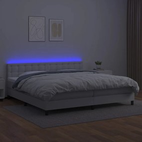 Cama box spring c/colchão/LED 200x200cm couro artificial branco