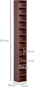 Organizadores para CD e DVD, estante vertical, móvel de arrumação com 12 compartimentos, capacidade máxima de 204 CD, 21 x 20 x 175 cm, castanho
