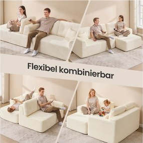 Sofá modular com 244 cm de largura e uma grande chaise longue à direita, em branco creme