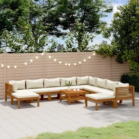 vidaXL 11 pcs conjunto lounge jardim c/ almofadões creme acácia maciça